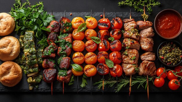 Foto una selezione di carni alla griglia tra cui pomodori pomodori e basilico