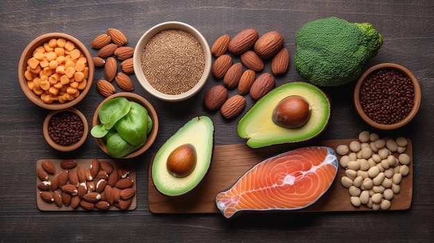 Photo selection of healthy fat sources on wooden table