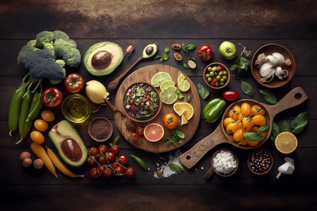 Selection Of Healthy Food On Rustic Wooden Background