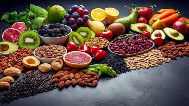 Выбор здоровой пищи Суперпродукты различные фрукты и различные ягоды орехи и семена