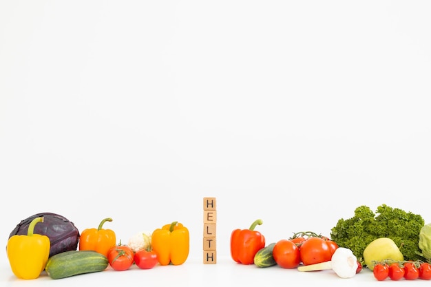 Selection of healthy food on white background