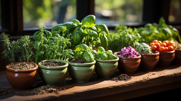 A selection of herbs and herbs are displayed on a table