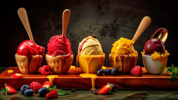 A selection of ice creams with different flavors on them