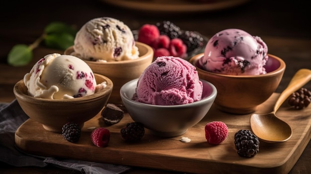 A selection of ice creams on a wooden table