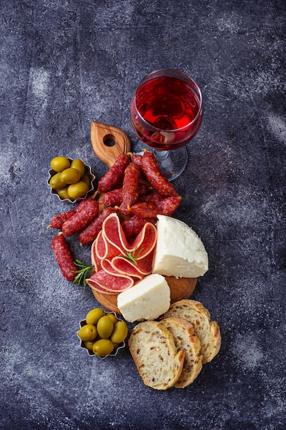 Selection of Italian appetizer. Wine snack set. Selective focus