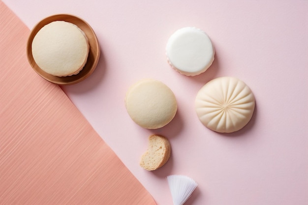 A selection of macaroons on a pink background
