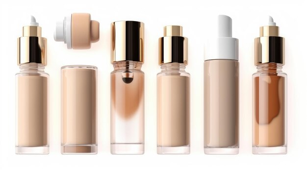 A selection of makeup bottles including a bottle of liquid.