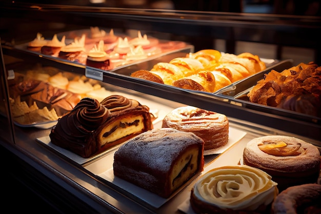 Selection of pastries for breakfast in bakery pastry shop