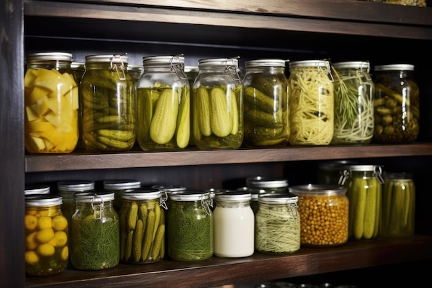 A selection of pickles in glass jars on a shelf