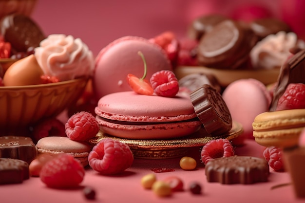 A selection of pink macaroons and chocolates are on a red table.