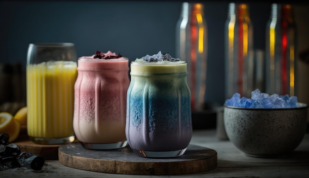 A selection of rainbow milkshakes on a table