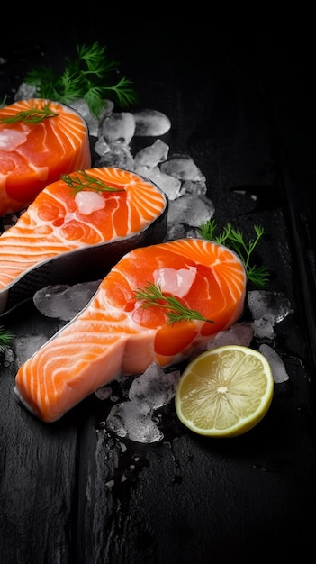 A selection of salmon and ice on a black table