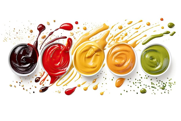 Photo selection of sauces with different colors on a white generative ai