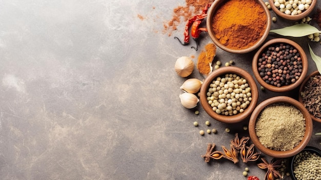 A selection of spices including a bowl of red pepper, green beans, garlic, and other spices.