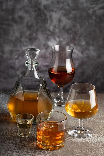 Selection of strong alcoholic drinks Whiskey liqueur tequila cognac rum