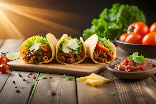 A selection of tacos with lettuce and tomatoes on a wooden table