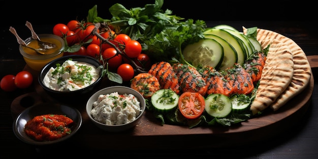 Selection of traditional greek food salad meze pie fish tzatziki dolma on wood background top view