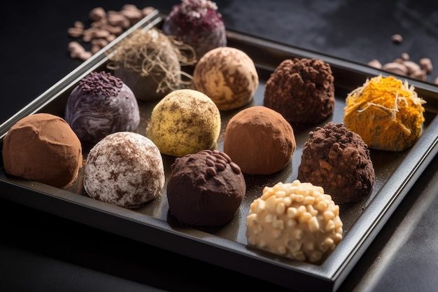 A selection of truffles in different shapes and flavors presented on a tray