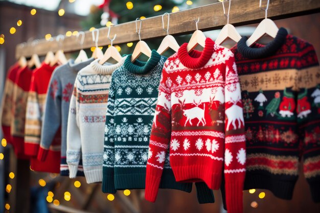 A selection of ugly christmas jumpers hanging on a rail at a christmas market
