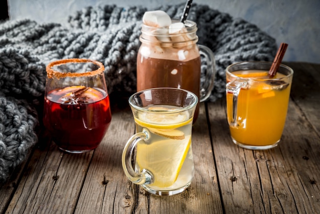 Photo selection of various autumn traditional drinks: hot chocolate with marshmallow