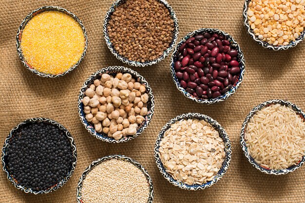 Selection of various colorful cereal top view