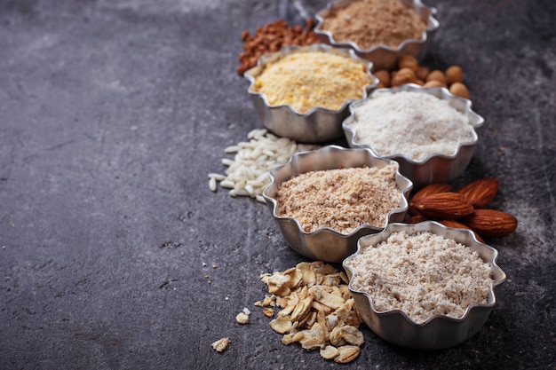 Selection of various gluten free flour (almond, buckwheat, rice, chick peas and oat)