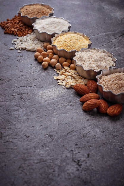 Selection of various gluten free flour (almond, buckwheat, rice, chick peas and oat)