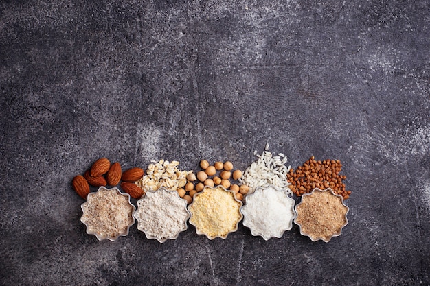 Selection of various gluten free flour (almond, buckwheat, rice, chick peas and oat)