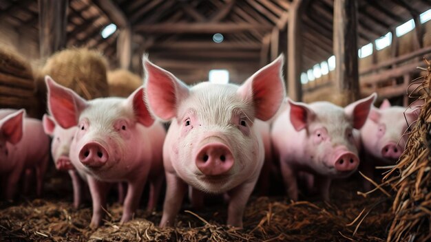 창고 에 있는 분홍색 돼지 들 의 선택적 인 클로즈업 