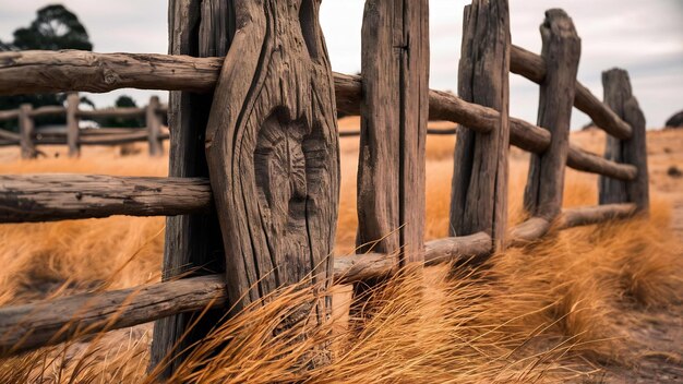 Selective closeup shot of a wooden fence near dry grass