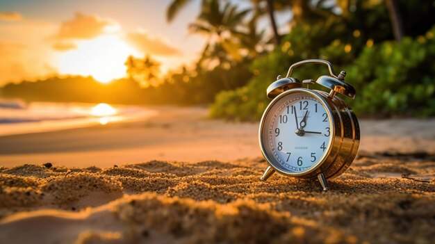 Photo selective focus of alarm clock on sand with nature bokeh beach background time in life concept generative ai