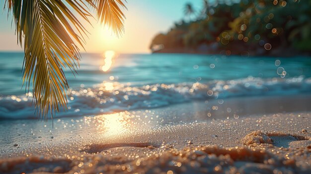 selective focus on beach sand with blurred palm tree and bokeh background generative ai
