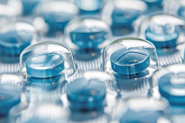 Photo selective focus on blue and white antibiotic capsules pharmaceutical industry