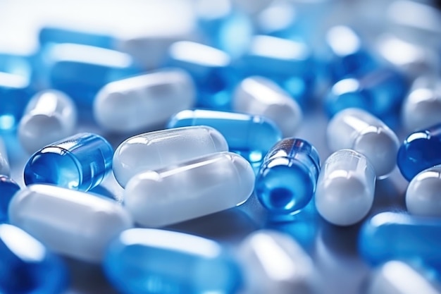 Photo selective focus on blue and white capsules pill on white background antibiotics drug resistance