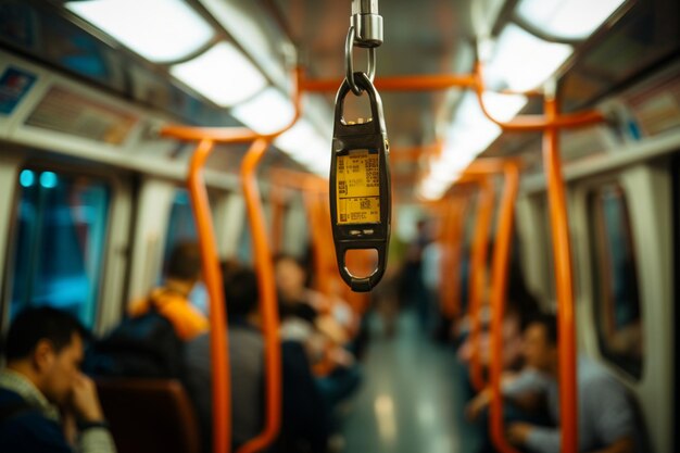 Selective focus Blurred hand grips subway strap exemplifying safety in public transportation