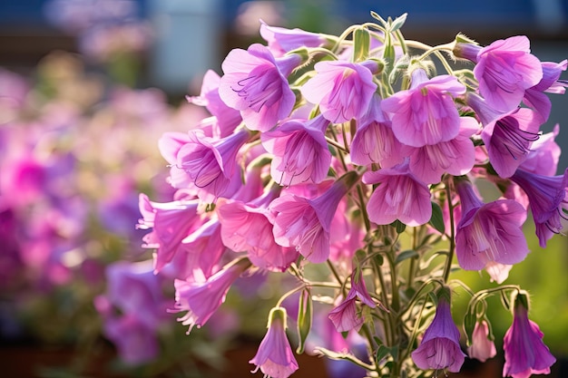 Selective focus and blurring of pink Canterbury bells in a beautiful spring background photo