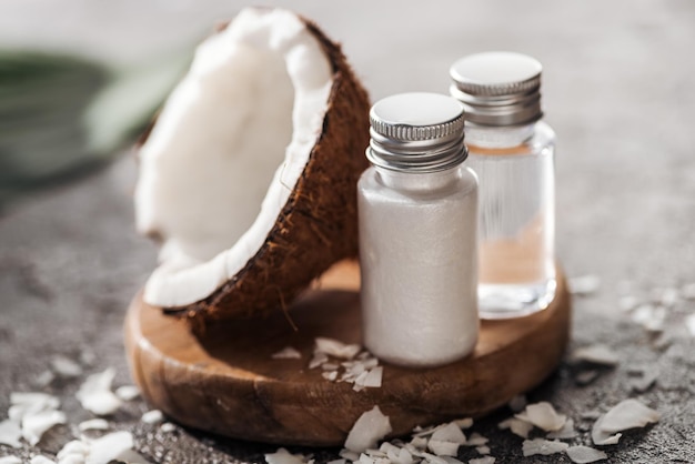 selective focus bottles coconut beauty