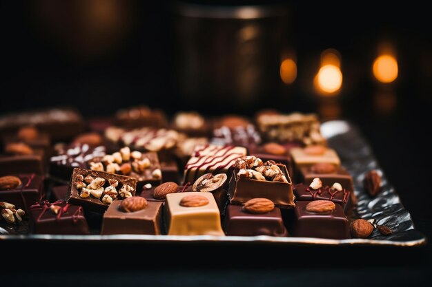 Selective focus of chocolate bonbons covered with nuts with chocolate bars