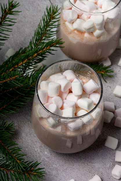 Selective focus. Christmas drink. chocolate cocoa with small white marshmallows with tree branches