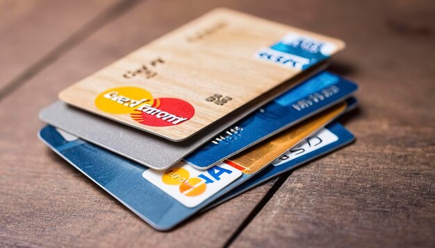 selective focus close up of credit cards on wooden background