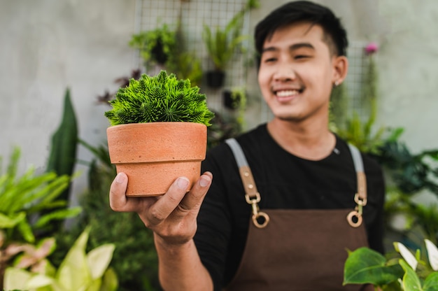 Selective focus, close up Young gardener holding beautiful houseplant with proud