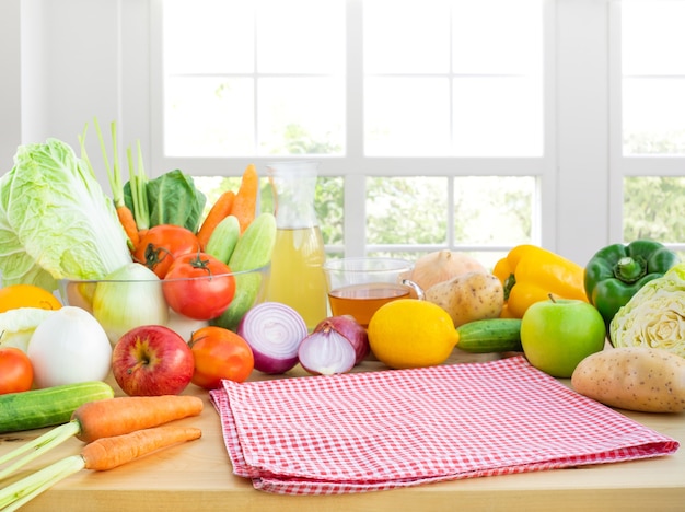 Selective focus on cloth/Set of variety vegetable with copy space