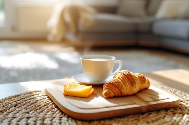 Selective focus on coffee table with wooden board and breakfast in cozy home interio Generative AI