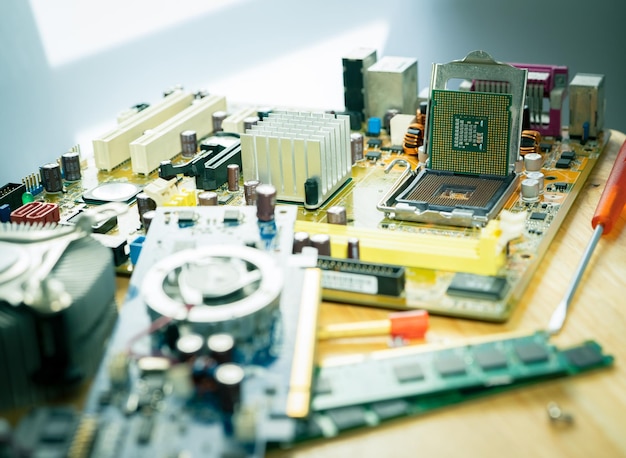 Selective focus computer chip on socket Chipset on electronic circuit board of PC motherboard