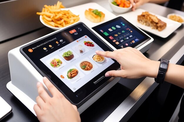 Photo selective focus to customers hand is touching a touch screen to order food and pay electronically