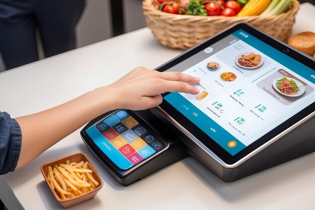 Photo selective focus to customers hand is touching a touch screen to order food and pay electronically