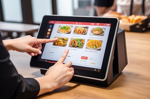 Photo selective focus to customers hand is touching a touch screen to order food and pay electronically