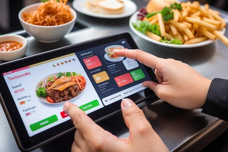 Selective focus to customers hand is touching a touch screen to order food and pay electronically
