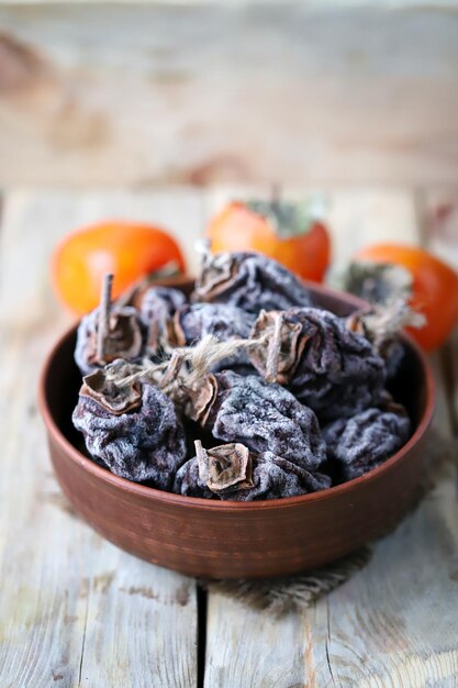 Selective focus Dried persimmon in a bowl