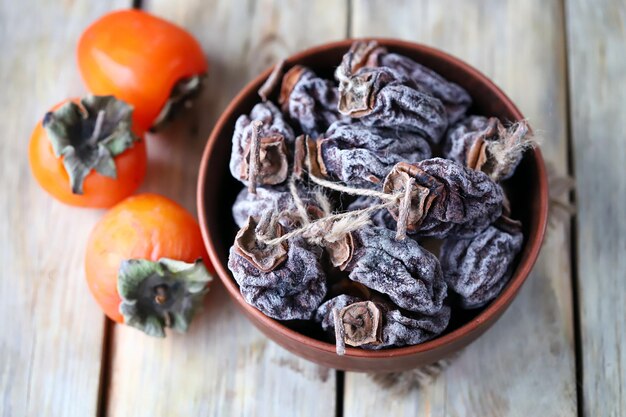 Selective focus Dried persimmon in a bowl